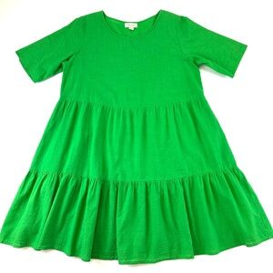 Orientique green tiered dress Large tie Organic cotton casual relaxed fit Summer